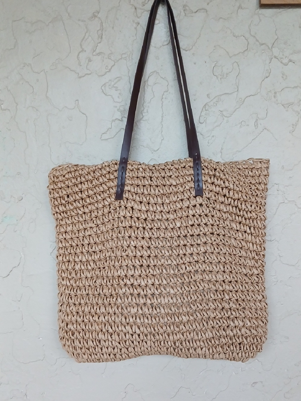 Natural Woven Straw Tote with Dark Brown Handles